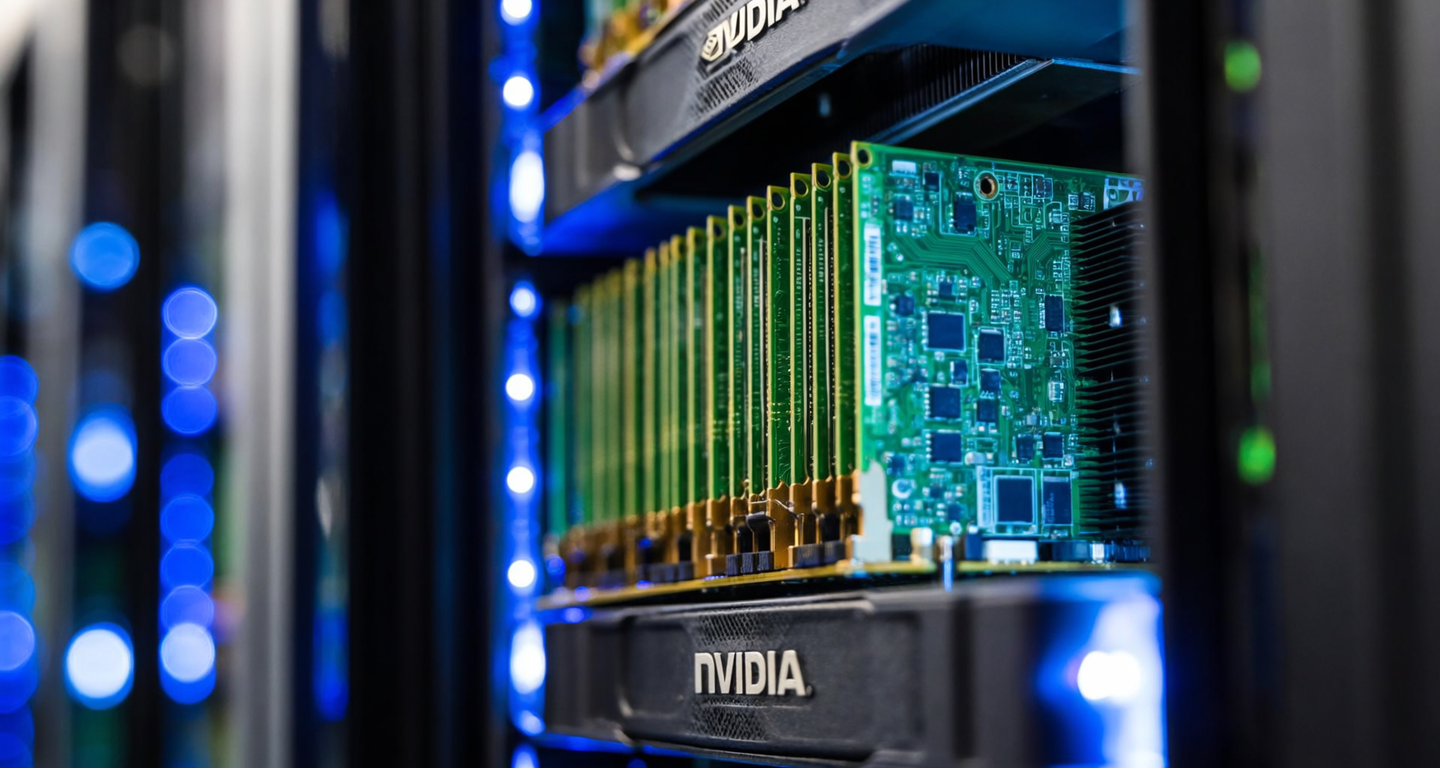 NVIDIA GPU server hardware close-up with blue LED lighting